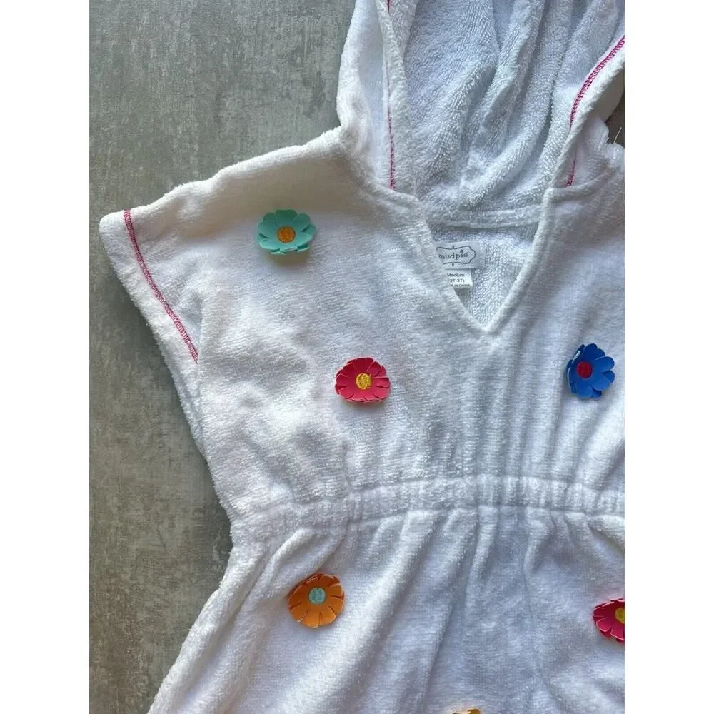 MUD PIE Baby Toddler French Terry Girl Hooded Pool Beach Cover Up Flowers 2T-3T